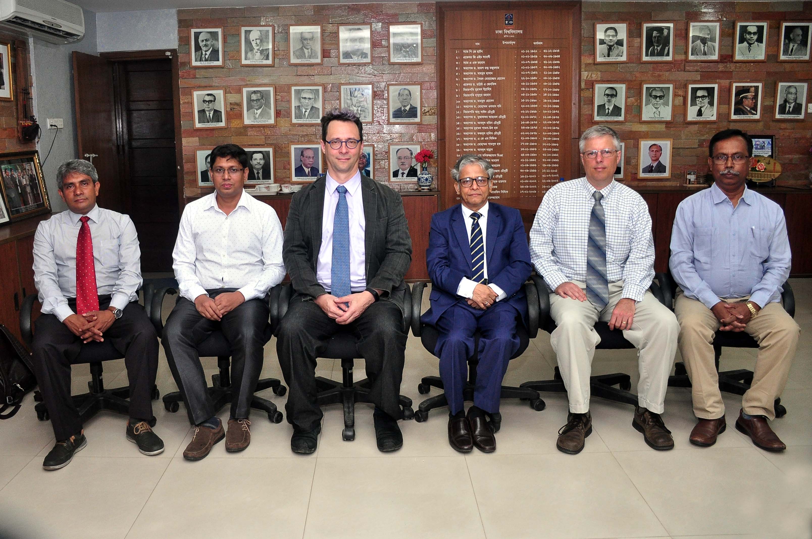 Left to right: Dr. Bishawjit Mallick (TU Dresden); Prof. Monirul Islam, Department of Fisheries, Dhaka University; Prof. Jonathan Gilligan, Department of Earth & Envirionmental Sciences, Vanderbilt University; Prof. Dr. Md. Akhtaruzzaman, Vice Chancellor of Dhaka University; Prof. Steve Goodbred, Chair of Earth & Environmental Sciences, Vanderbilt University; and Prof. Kazi Matin Ahmed, Chair of the Department of Geology, Dhaka University